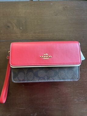 Coach Red Leather & Brown Foldover Signature Wristlet
